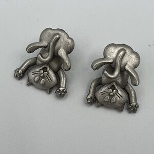 Vintage JJ Jonette Cat Earrings Dangle Pewter EUC Stamped